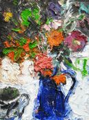 SHANI RHYS JAMES MBE oil on canvas - 'Vase of Flowers', colourful still-life of flowers in a blue