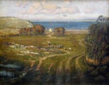 TWENTIETH CENTURY ENGLISH / WELSH SCHOOL oil on canvas - coastal scene with distant boats & woman