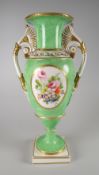 A SWANSEA PORCELAIN VASE with twin handles and of slender ovoid form, flared rim and with a round