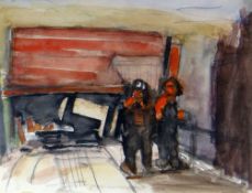 JOSEF HERMAN RA watercolour - two working figures entitled 'Ynyscedwyn Colliery' on Boundary Gallery