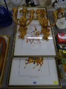 Five framed prints of military men in uniform and a pair of Italian manufactured Regency style