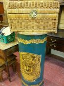 Cylindrical storage bin with 'Victorian Containers' emblem and a dome topped basket