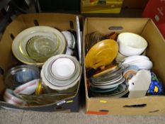 Two boxes of Pyrex and pottery cookware etc