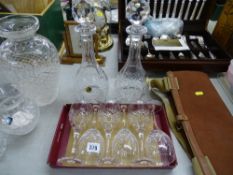 Pair of Royale County hand cut lead crystal decanters with stoppers with a set of six Doulton