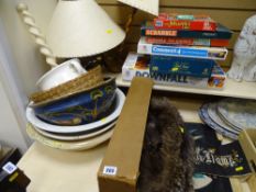 Large parcel of miscellaneous items including washbasins, table lamps, board games, furs, silks etc