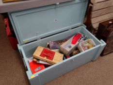 Vintage blue painted wooden trunk with iron carry handles plus the craftwork contents