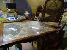 Parcel of vintage items including tapestry seat, commode, small toilet mirror with bobbin detail,