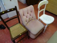 Parcel of three mixed chairs - one white painted, one upholstered button backed chair and a cane