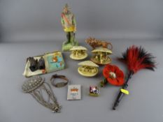 Box of vintage collectables including three Oriental celluloid oyster dioramas, papier mache figures