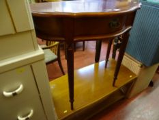 Light wood two tier coffee table and a small demi-lune hall table with drawer on reeded supports