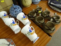 Four modern Llanelli bone china mugs, a Mumbles pottery candleholder and six stoneware Llanelli cups