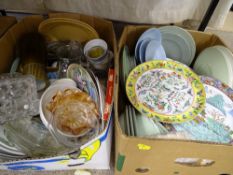 Two mixed boxes of table crockery and glassware including decorative Oriental plates