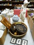 Parcel of treen, portrait miniatures, porcelain lady figurine, ginger jar etc