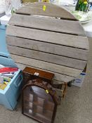Fold-up circular teak garden table, vintage oak lidded box and two display stands