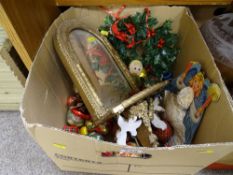 Box of miscellaneous items including gilt wall mirror, Christmas decorations etc
