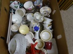 Mixed box of china cups and commemorative glassware