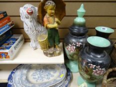 Trio of milk glass vases, Staffs dog, platters etc