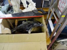 Box of vintage tools, metal shelf brackets and a modern five step metal stepladder