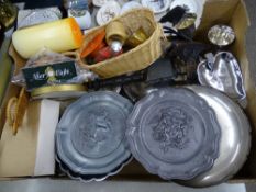 Mixed box of metalware and household goods