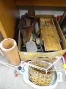 Box of vintage items including scales, coat hooks etc
