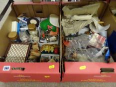 Two boxes of buttons, sewing items and haberdashery etc