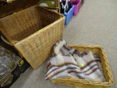 Lidded wicker basket, rectangular bread basket and an Anna Davies woollen throw