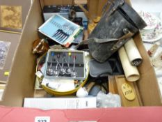 Box of miscellaneous items including binoculars, haberdashery items etc