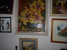 J YATES-HEAP oil on board - still life, 60 x 44 cms and a watercolour - countryside scene