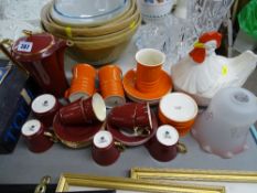 Crown Devon coffee set, three orange Carltonware mugs and a bowl etc