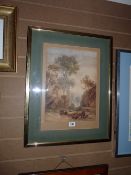 British School watercolour - fisherman at riverside, 37 x 27 cms