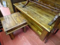 Two tier rustic coffee table and one other small square occasional table with metal corners