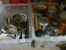 Two boxes of stainless steel kitchen pans, provision containers etc