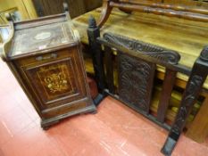 Rectangular fall front coal bucket and a dark wood and carved firescreen