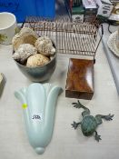 Metallic frog ornament, Dartmouth pottery wall pocket, quantity of decorative shells and a retro