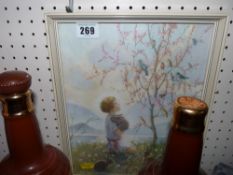 MARGARET W TARRON print - child with rabbits in a meadow, 28 x 22 cms