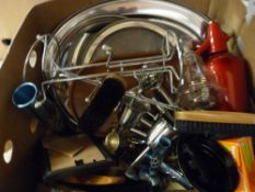 Box of mixed items including plated trays, soda syphon, clothes brushes etc