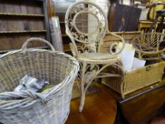 Dome topped wicker basket with lamp contents, adult's wicker chair, child's wicker chair, basket etc