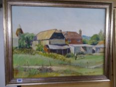 SKENE BENNETT oil on board - farmer with cattle in front of farm buildings, 44 x 60 cms