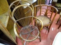 Dark stained bamboo conservatory chair and another dark stained circular bamboo chair with woven