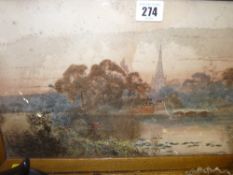 Watercolour - river and village scene, indistinctly signed, 22 x 38 cms