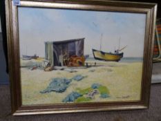 SKENE BENNETT oil on board - fishing boat and workshop at low tide, 44 x 60 cms