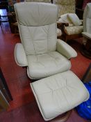 Cream leather effect easy chair and footstool