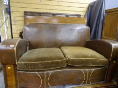 Art Deco style brown rexine covered and walnut effect three piece suite