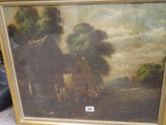 19th Century oil on board - horses outside a coaching inn, 43 x 52 cms