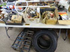 Large parcel of garage and vehicle motoring accessories including ramps, tyres etc