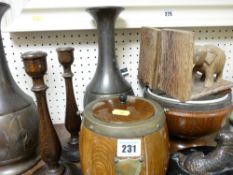 Parcel of treen, pair of interesting metallic vases, elephant bookends etc