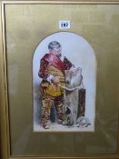 Oil on board - cavalier repairing armour, 31 x 21 cms