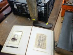 Leather bound Victorian photograph album and contents and a shoe last