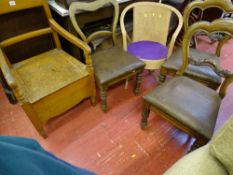 Wooden armchair commode, three rexine seated antique style chairs and a single loom and basket weave