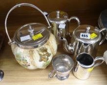 A three-piece EPNS silver plated teaset, EPNS banded biscuit barrel etc